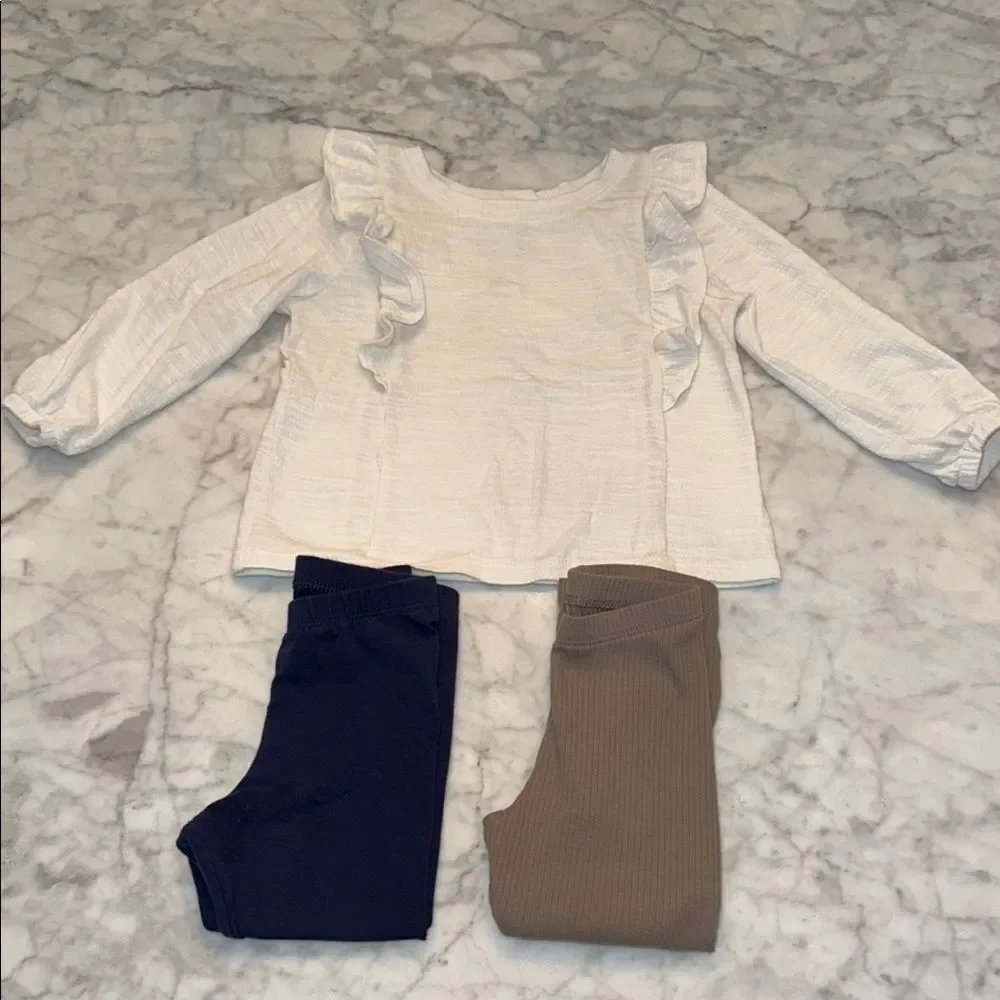 Cat & Jack White Ruffle Top with Navy and Tan Leggings Bundle 2T